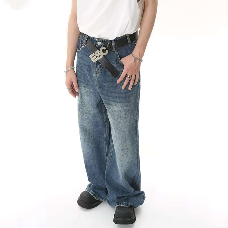 IEFB 2025 Spring New Trendy Jeans Metal Ring Design Gradient Color Washed Straight Male Denim Pants Wide Leg Casual 9C354
