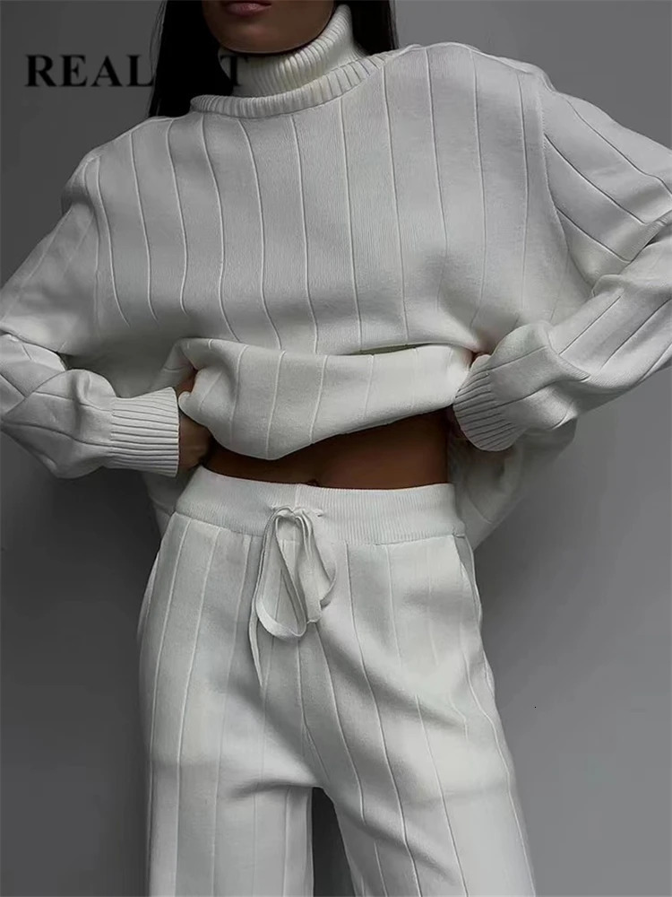 EFT Autumn Winter 2 Pieces White Womens Sets Knitted Tracksuit Turtleneck Sweater and Straight Jogging Pant Suits 250207