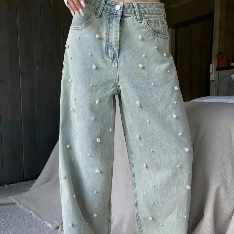Loose And Fashionable Jeans Baggy Vintage Denim Trousers Pearls Cow Pants Aesthetic Trashy Oversize Clothes 250206