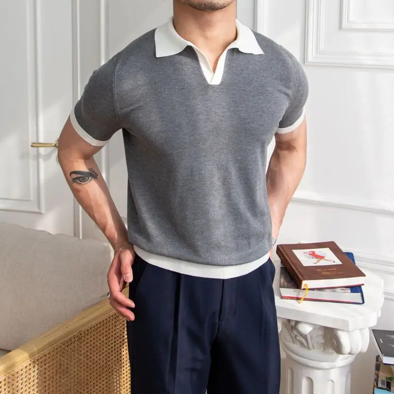 Spring Summer Fashion Elegant Polo Neck Knitted Tees Casual Versatile Western Clothing Loose Slim Mens TShirts 250207