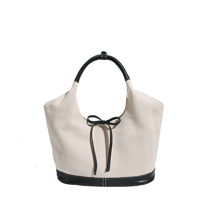 Korean Niche French Bow Tote Splicing Simple Commuting Versatile Shoulder Solid Color Casual Large Bag