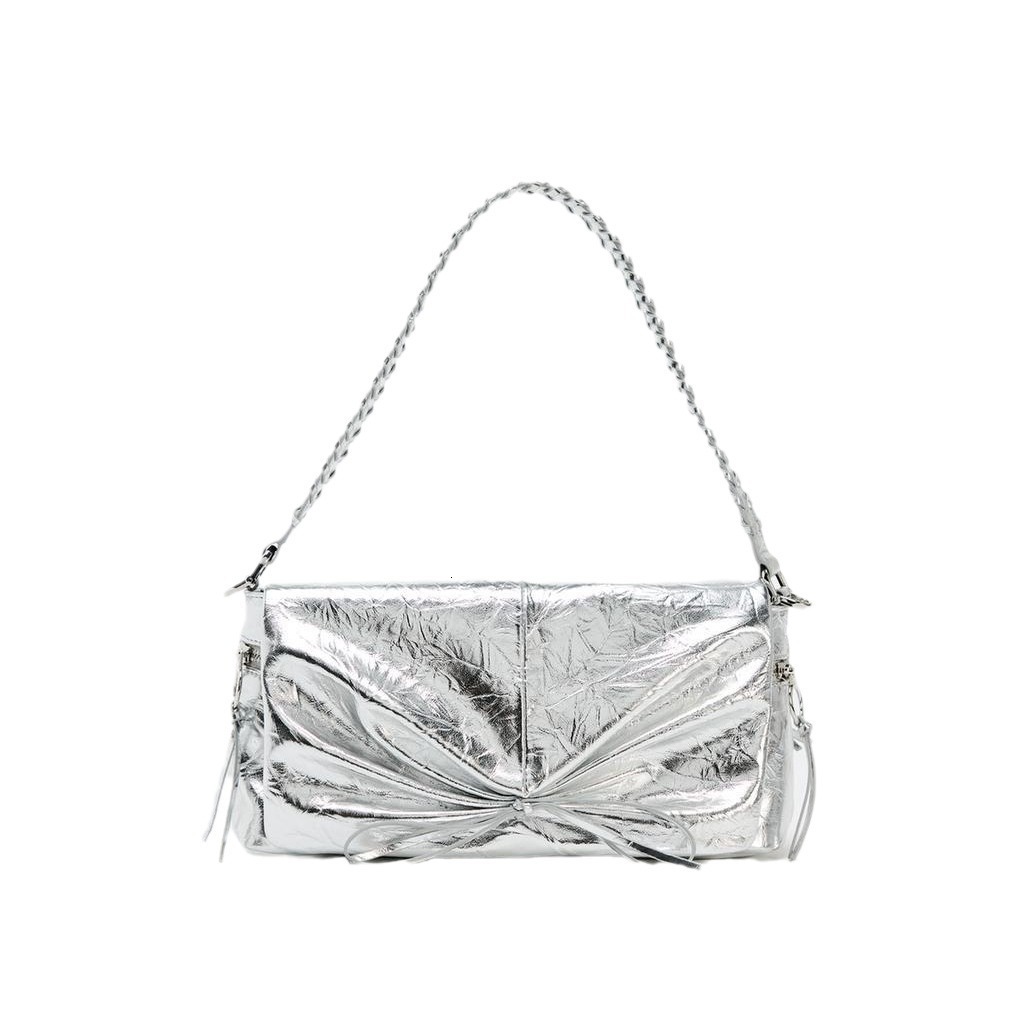 designer bag Z Home 2024 Summer New Women's Premium Silver Bow Flip Metal Fold Decoration Shoulder Bag