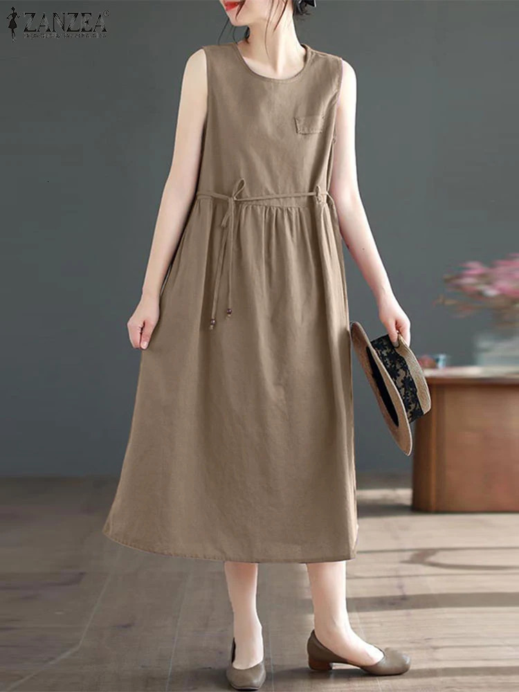 ZANZEA 2024 Summer Dres Casual Sleeveless Solid Midi Sundress Fashion Loose Holiday Beach Dresses Sarafans Dress Femme 250207