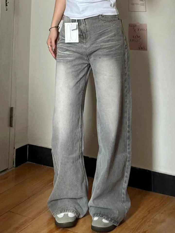 Jmprs Harajuku Streetwear Jean Vintage High Waist Y2K Grey Denim Pants Casual Loose Female Hip Hop American Trousers Fall 250121