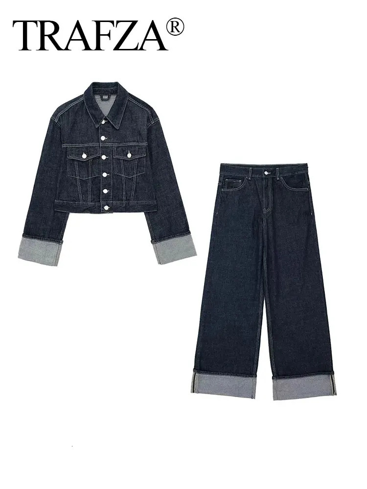 TRAFZA Autumn Womens Retro Denim Set Long Sleeve Single Chest Collar CoatHigh Waist Wide Leg Jeans Street Fashion Set 250207