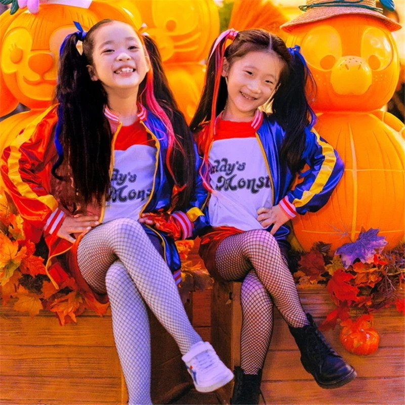 Carnival Kids Girls Suicide Harley Cosplay Costumes Squad Quinn Monster Jacket Pants Sets Inflatable Baseball Bat Suit 250207