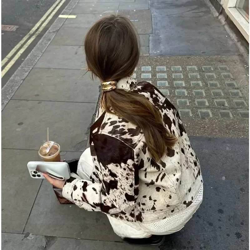 Fashion zipper spotted printed short jacket for womens casual long sleeved button pocket jacket autumn womens street jacket 250207