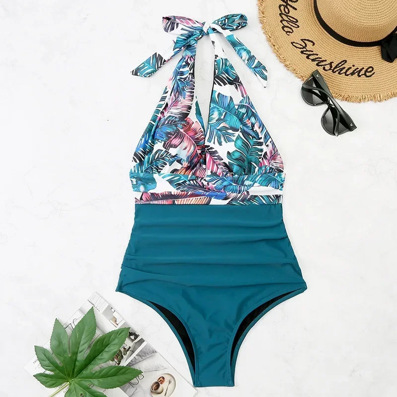 Fashion Printed One Piece Swimsuit Women Bathing Suit Sexy Bikinis Swimming Suits Ladies Beachwear Backless Lace Up Swimwear 250206