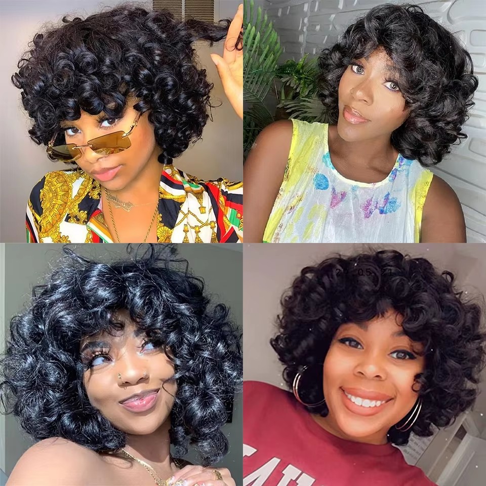 Afro Rose Curly Funmi Wigs with Bang Short Bouncy Curly Bob Wig glueless Machine Made Rose Curl cheap Human Hair Wig For Black Women 180%density full 