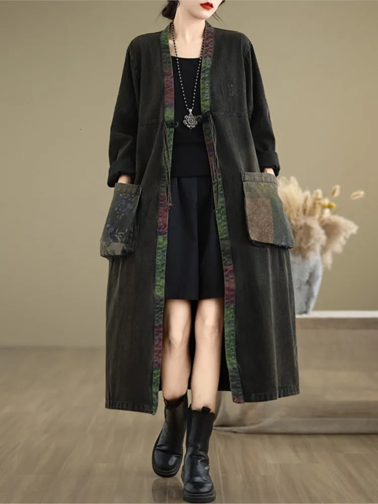 Denim ultrafine autumn Midi coat womens printed patch work fashionable retro Vneck jacket loose pleated long sleeved 250208Z