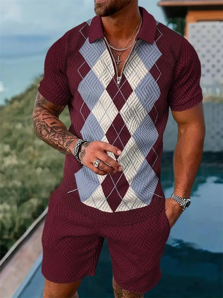 Mens Plaid Printed Short Sleeve Lapel Zipper Polo Shirt With Shorts Set Summer Temperament Vintage Pool Two Piece 250207