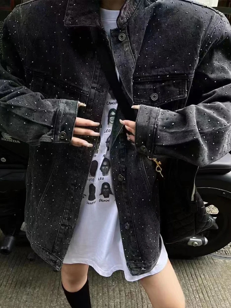 BKQU Rhinestone Shiny Jacket Women Oversized Black Denim Coats Fashion Lapel Single Breasted Long Sleeve Loose Jean Coat 250122