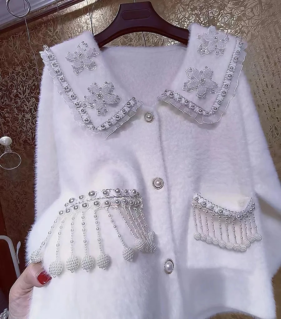 Beaded Flowers Stitch Sweater Cardigan For Women Autumn Winter Beading Tassel Sweater Outwear Knitwear Jacket Coat 250206