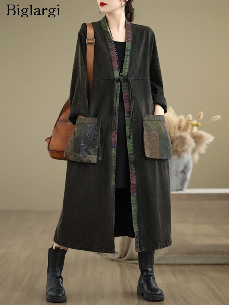 Denim ultrafine autumn Midi coat womens printed patch work fashionable retro Vneck jacket loose pleated long sleeved 250208Z