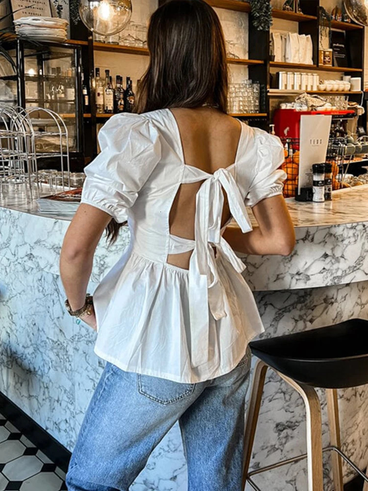 Backless Short Sleeve Shirts For Women Casual Back Lace Up Bow Tops 2025 Spring Summer Fashion Lady Blouse Loose Streetwears 250121