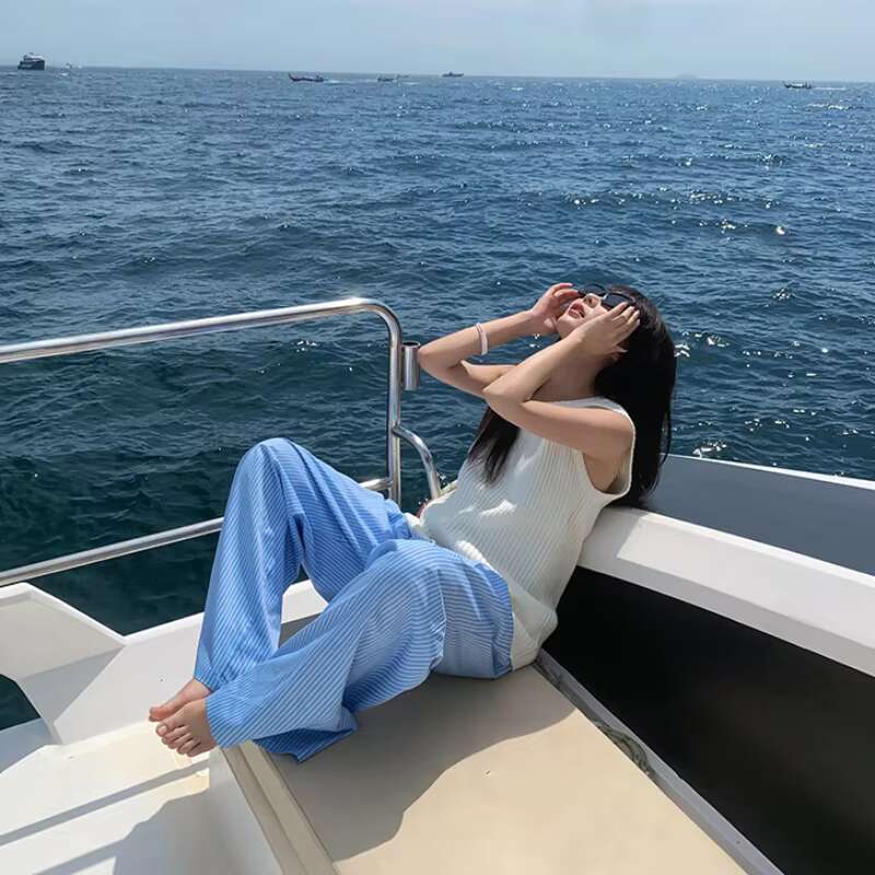 Korean lazy wind Casual Pant Men Women Blue Vertical Stripes Quick-drying Straight Trousers Haruku Loose Wide Leg Unisex Pants