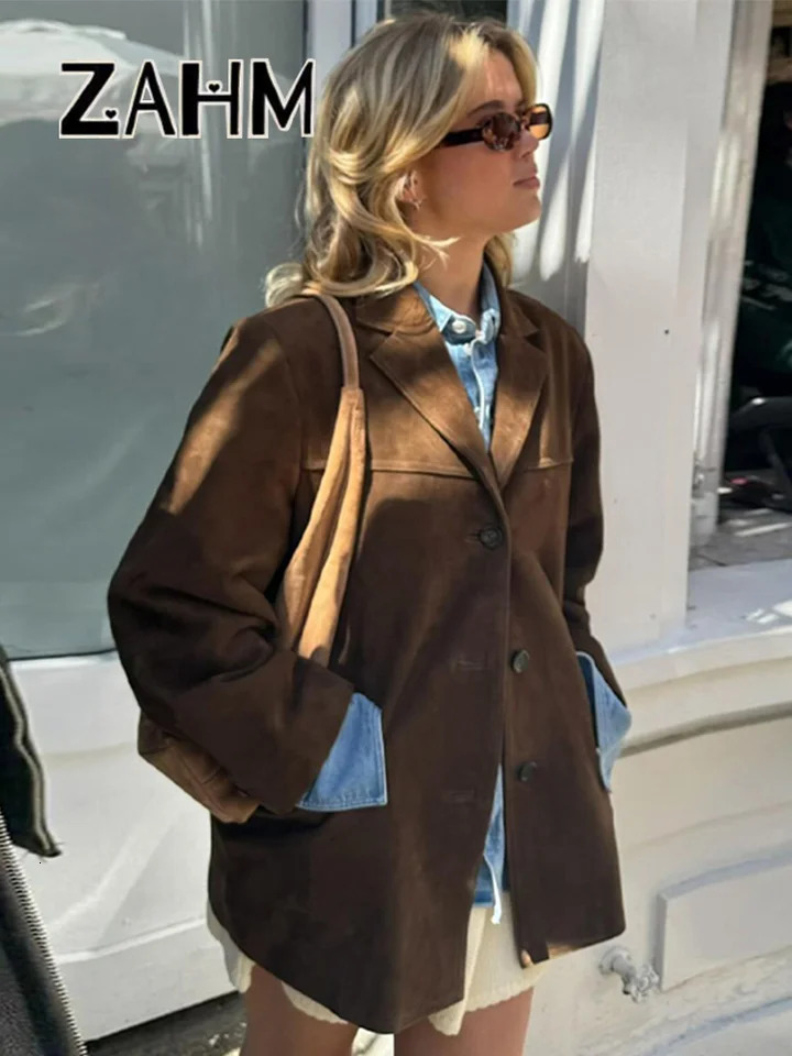 Vintage Suede Womens Suit Coat Loose Lapel Single Breasted Pockets Blazer Jacket 2025 Spring Lady Office Outwear 250208Z