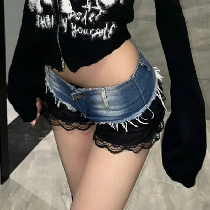 2025 New Designer Lace Splicing Cowboy Shorts For Women's Sexy Low Waist Tight Hot Girls Millennial Subculture American Sexy Hot Pants