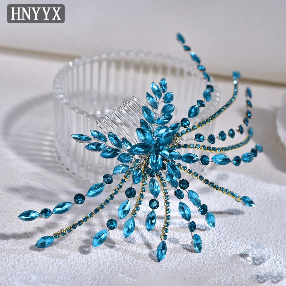 HNYYX Blue Full Rhinestone Hair Comb Elegant Womens Hair Accessories Bridal Hair Clip Wedding Bridal Headpieces A269 250221