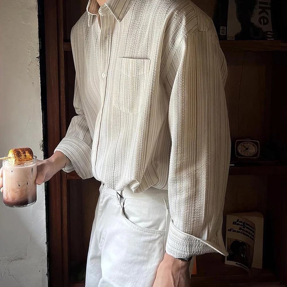 Men Shirt Striped Free Ironing Casual Spring Streetwear Niche Versatile LongSleeve Tops Old Money MenS Clothing 250207