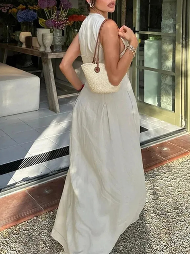 TRAF Zipper Long Dress Wrinkled Sleeveless Tight Summer Elegant Party Womens Wear 2024 Midi 250207