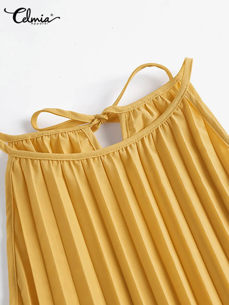Celmia 2024 Summer Mini Sundres Sexy Straps Sleeveless Pleated Short Dress Beach Casual Loose Solid Color Party Dresses 250208Z