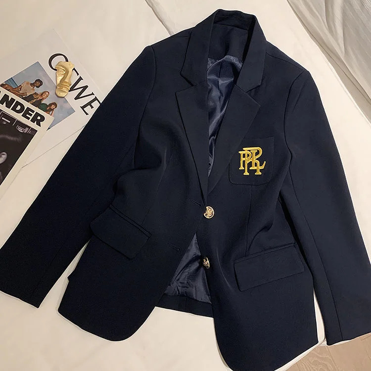 Inner lining letter embroidery premium suit jacket spring UK temperature white womens top black jacket 250207