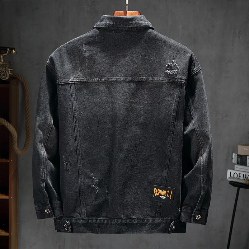 Trendy Embroidered European Street Loose Denim Jacket Men Black Vintage Ripped Work Printed Letter Top Cotton Mens Fashion 250207