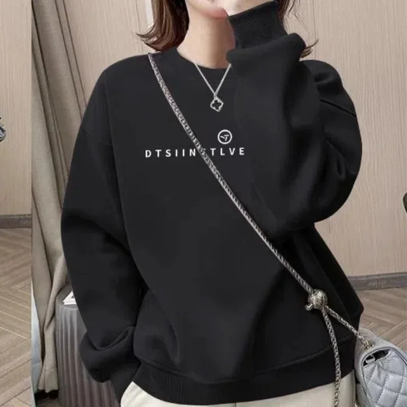 Office Lady Korean Pullover Round Neck Flocking Lantern Long Sleeve Printing Letter Casual Womens Clothing Autumn Winter Tops 250208Z