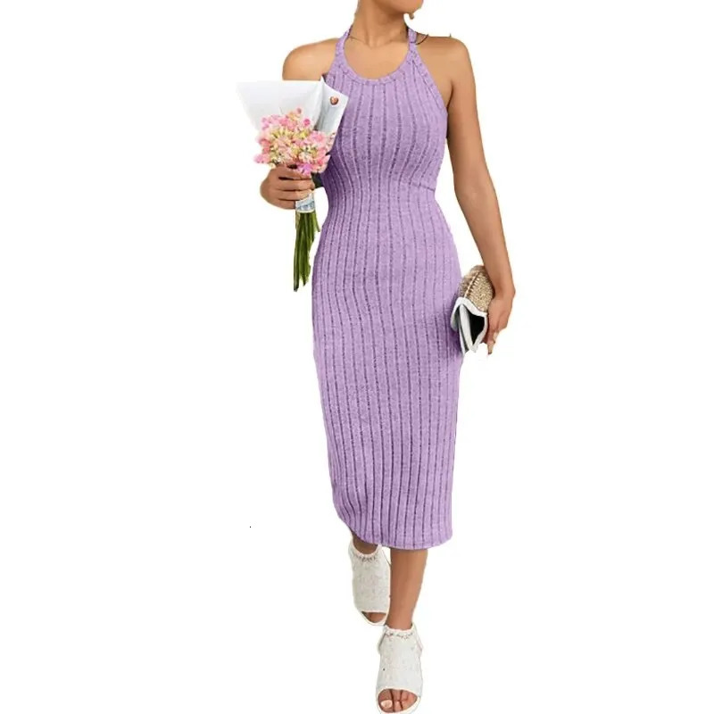 Solid Halter Neck Bodycon Dress Dodycon Fashion Ribbed Midi Sleeveless Knit Tank 250207