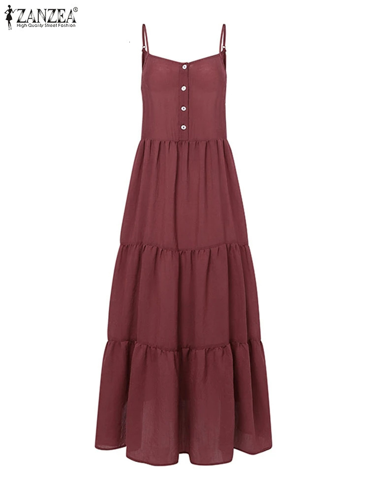 Summer Women Spaghetti Strap Holiday Midi Dress 2024 ZANZEA Stylish Solid Ruffles Sundress Elegant Casual Aline Party Vestidos 250207