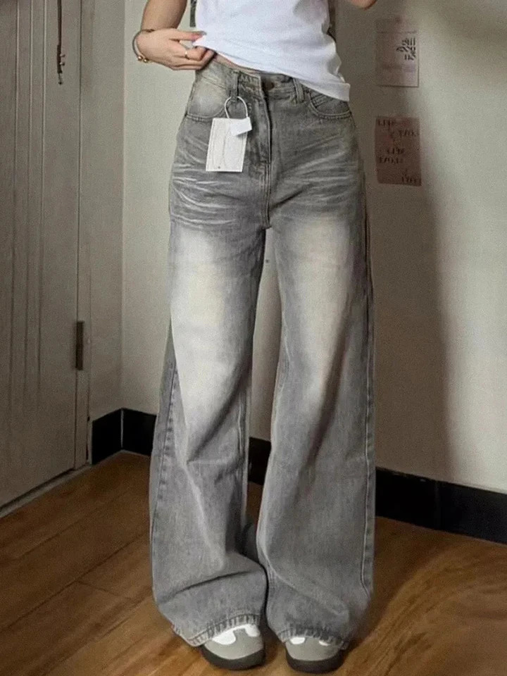 Jmprs Harajuku Streetwear Jean Vintage High Waist Y2K Grey Denim Pants Casual Loose Female Hip Hop American Trousers Fall 250121