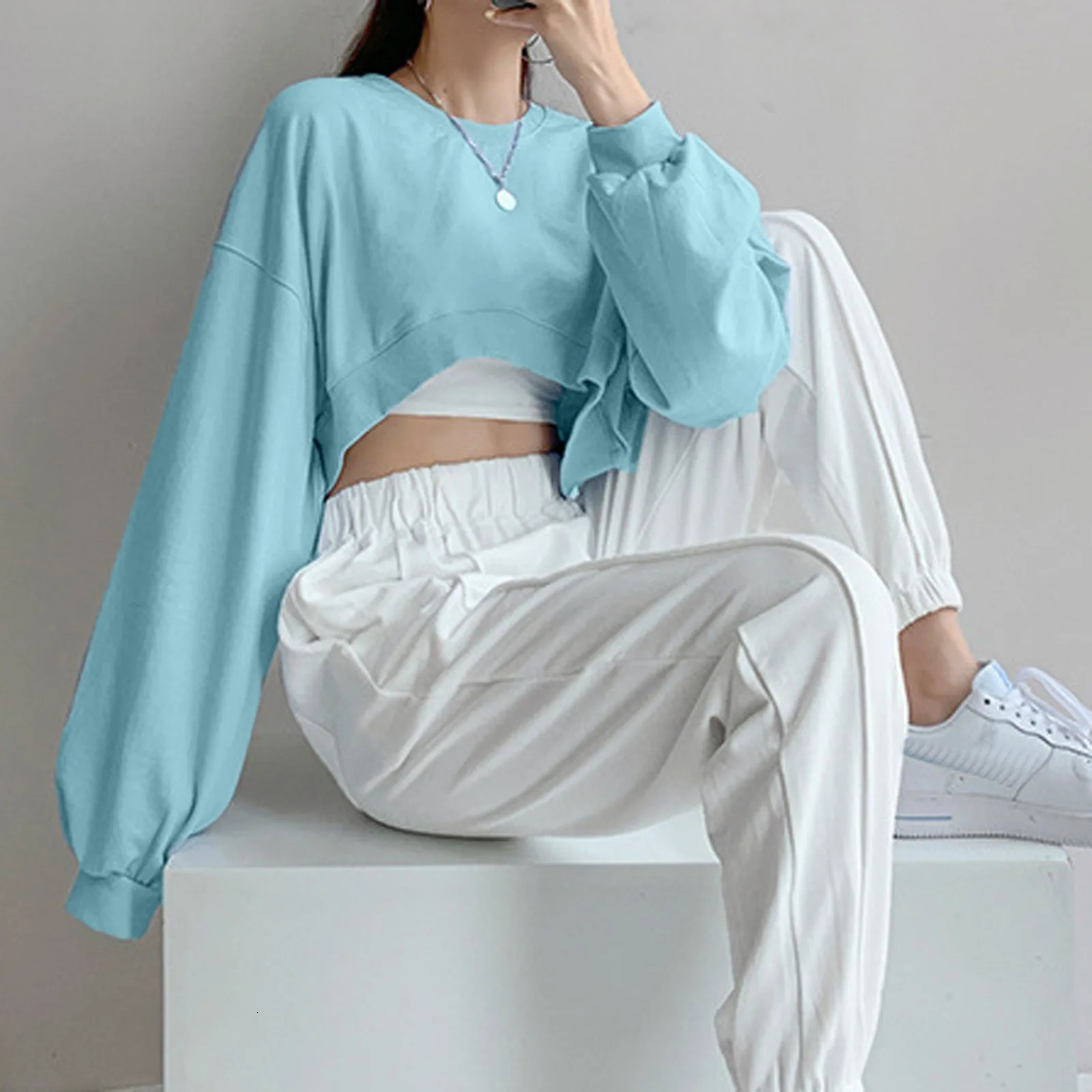 2024 cut hoodie casual Y2k loose fit sportswear solid color long sleeved round neck Korean style 250208Z