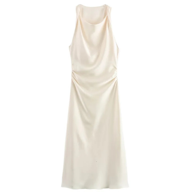 HXAO Womens Satin Long Dress Summer Midi Ruffle Evening ONeck Sleeveless Green White Black Sun 2024 250207
