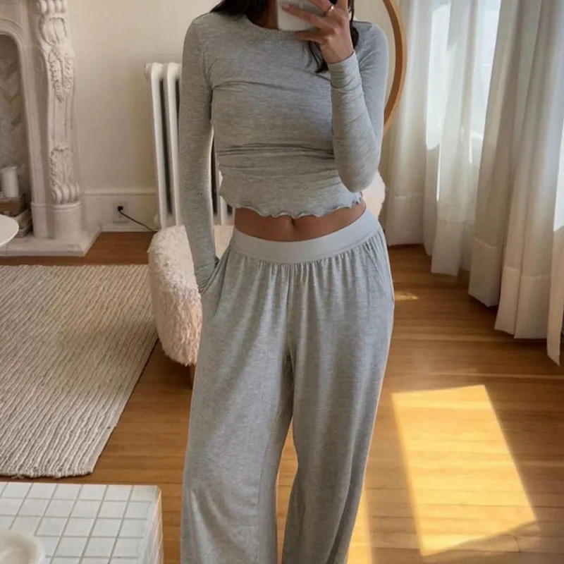 WPNAKS Women 2 Piece Pant Sets Spring Autumn Clothes Solid Color Long Sleeve Crop Tops and Elastic Wide Leg Pants Sleepwear 250207