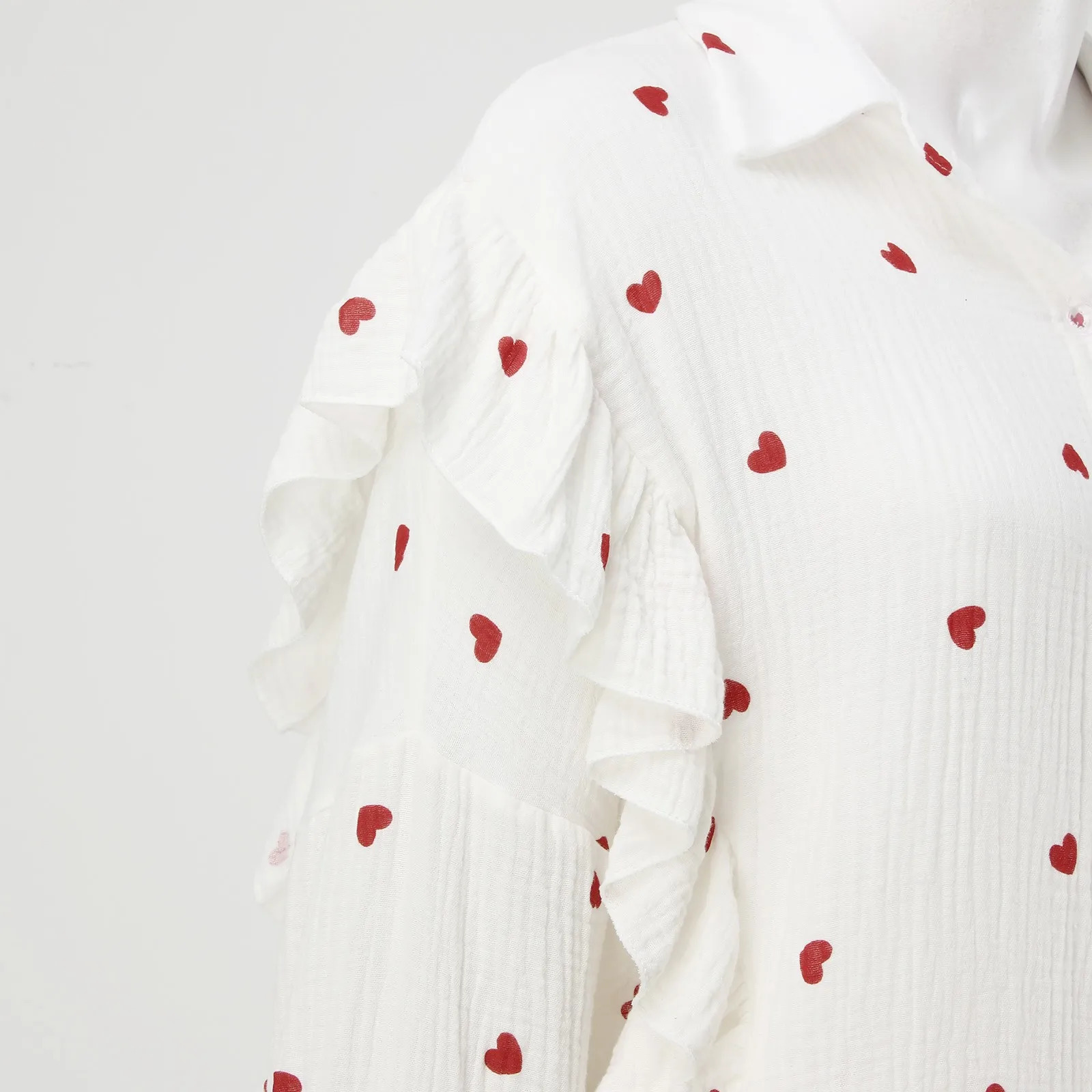 Womens Sweet Love Heart Print Ruffles 2 Piece Outfits Fashion ShirtShort Lounge Sets Long Sleeve Cotton Linen Home Suits 250206