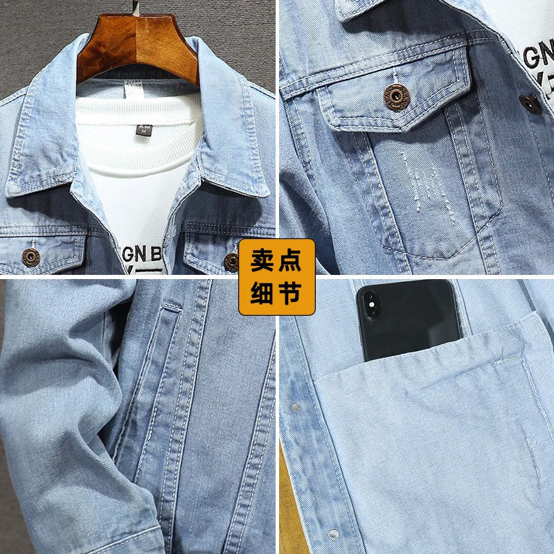 Autumn Denim Jacket Men Turn Down Collar Coat for Retro Hip Hop Style with Multi Pockets Casual Streetwear 250207