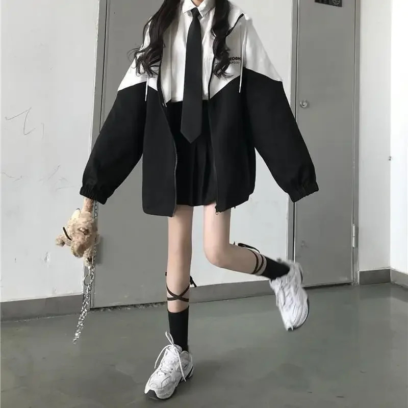 Fashion Zipper Hooded Jacket Women Oversized Varsity Jackets Japanese Female College Coats Korean Streetwear Dropship 250207