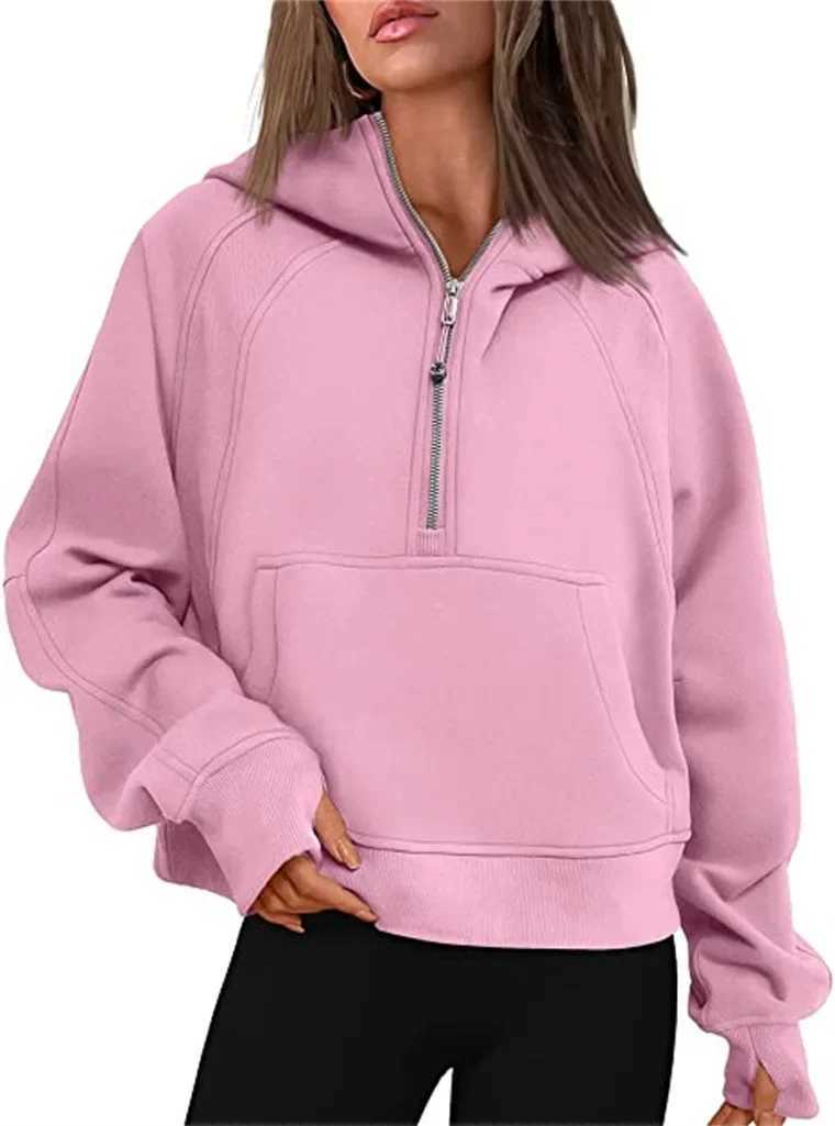 Autumn Winter Womens Yoga Suit Scuba Half-Zip Hooded Sweatshirt Loose Fit Cropped Fleece Lining Cap-Sleeve ThickenedT250207