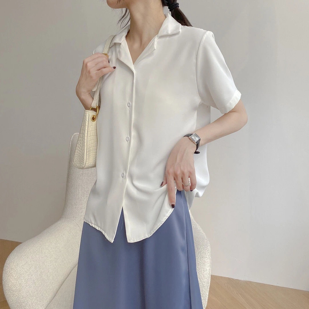 Womens summer chiffon shirt elegant short sleeved Vneck loose casual solid Korean fashion simple top womens tuning blue 250208Z