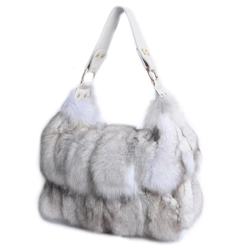 FXFURS 2021 New Real Women Message Single Shoulder Crossbody Bags Sier Fox Fur Large Lady Clutch Bag