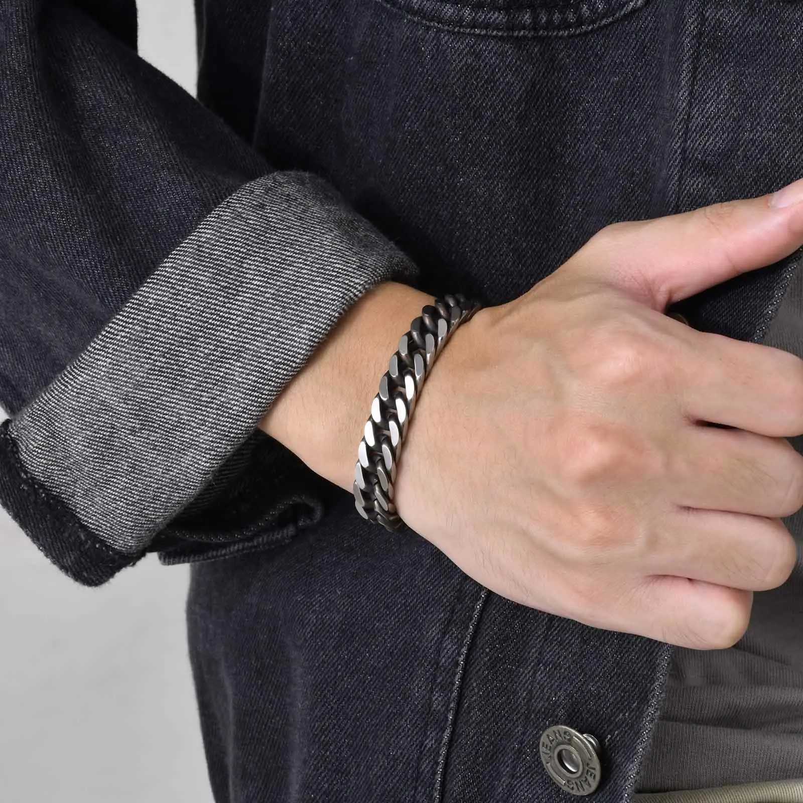 Vnox Chunky Retro Cuban Chain Bracelets for Men Vintage Antique Stainless Steel Curb Dome Link Wristband Cool Outfit Jewelry Y250208