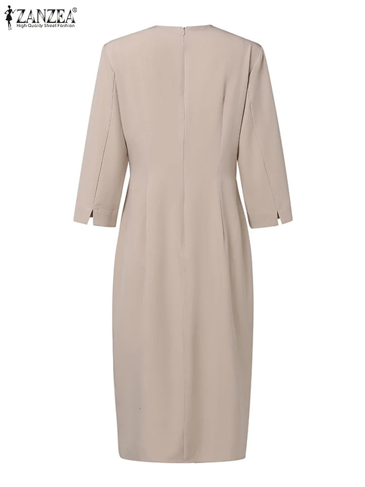 ZANZEA Women Korean Fashion OL Dresses 34 Sleeve Sexy Solid Color Slim Fit Midi Dress 2024 Elegant V Neck Party 250207