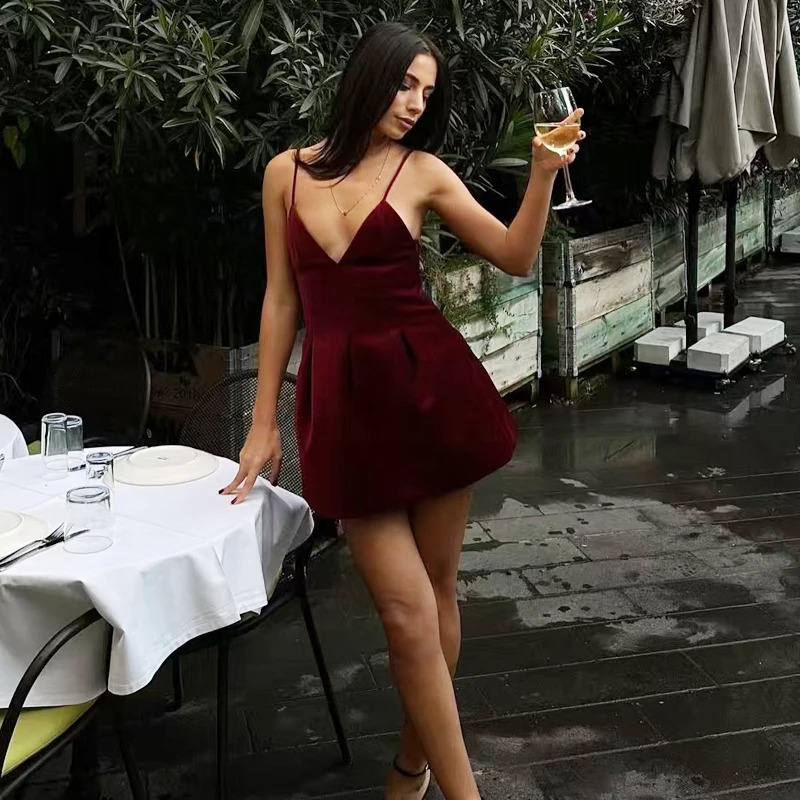 TRAF 2024 Womens Velvet Skirt Wrinkled Tight corset Red Dress Burgundy Sleeveless Backless Tank Top Warm 250206