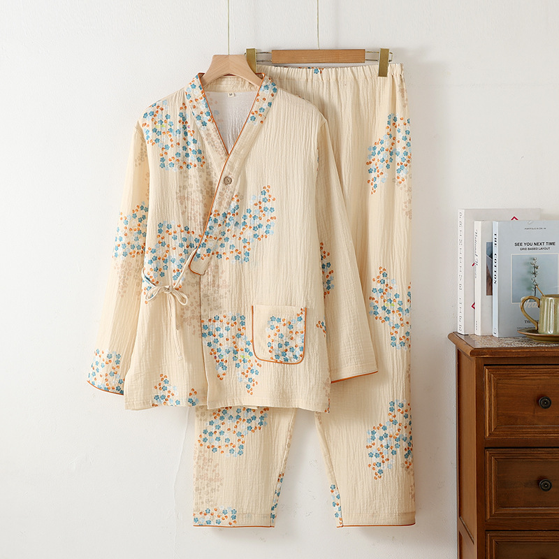B890-Ice silk pajamas girls style printed cardigan small lapel tie long sleeve pastoral style small floral home clothes spring and summer