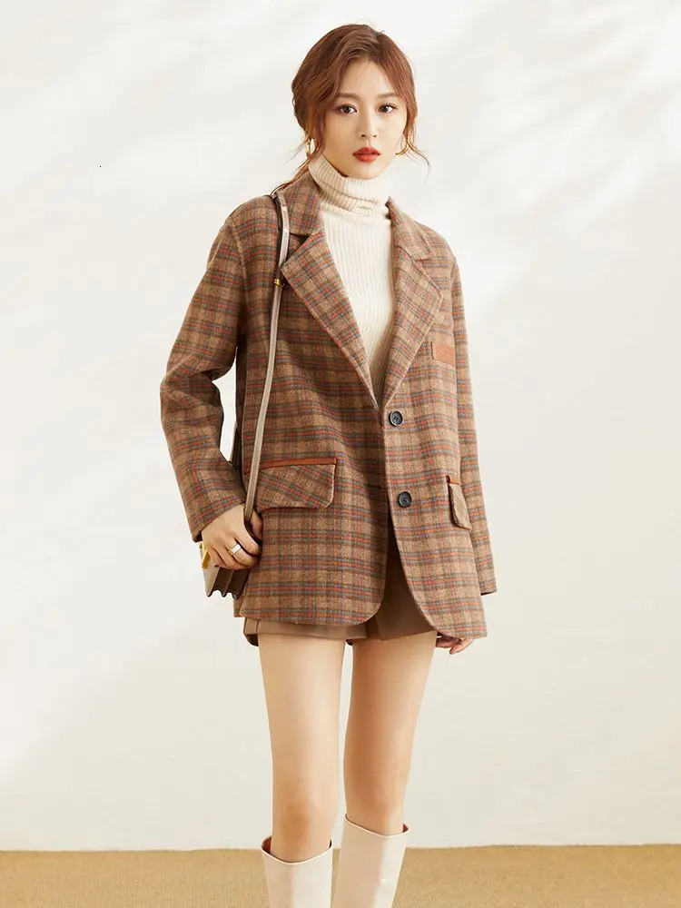 Womens High-end Cashmere Womens Jacket Plaid Coat Suit Jacket Korean Version Loose Fit 250207