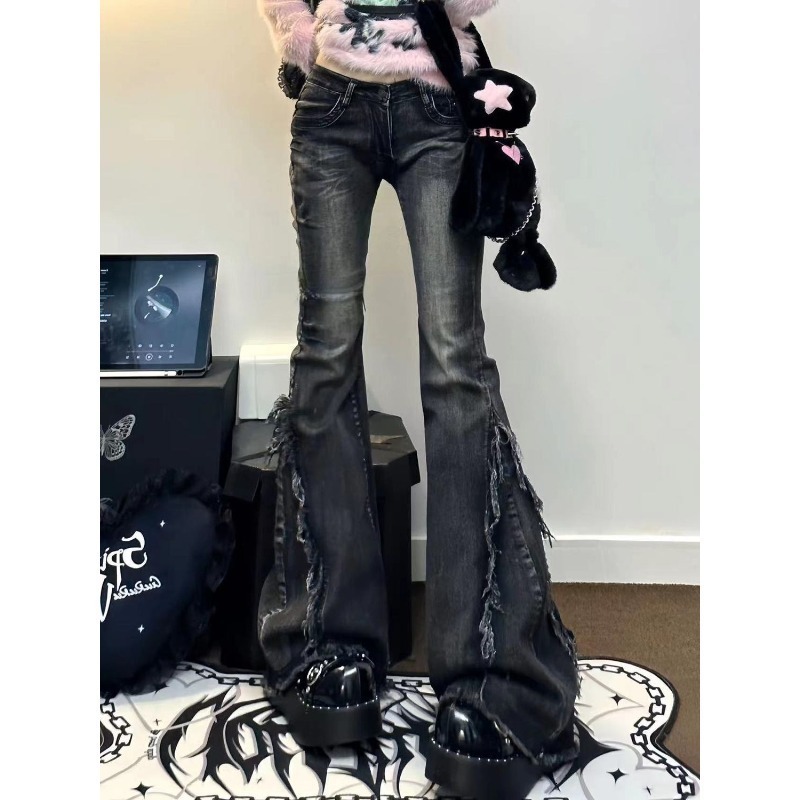 American Style Retro High Street Ruffled Denim Jeans for Women in Autumn Low Waisted Elastic Slimming Wide Leg Mop Pants 250206