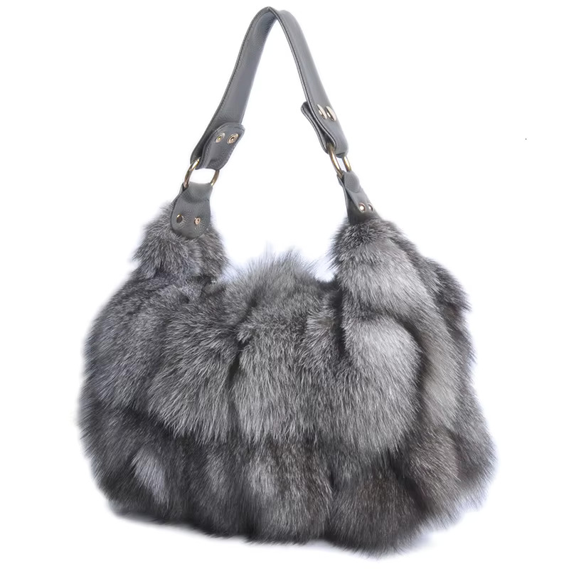 FXFURS 2021 New Real Women Message Single Shoulder Crossbody Bags Sier Fox Fur Large Lady Clutch Bag