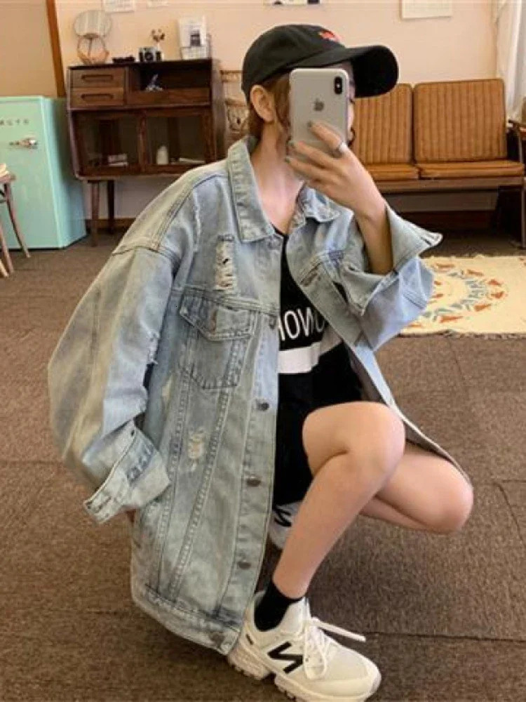 Denim Coat Women Hole Jackets Casual Jacket Turn Down Collar Y2k Tops Coats Single Breasted Elegant Spring Autumn Outerwear 250122