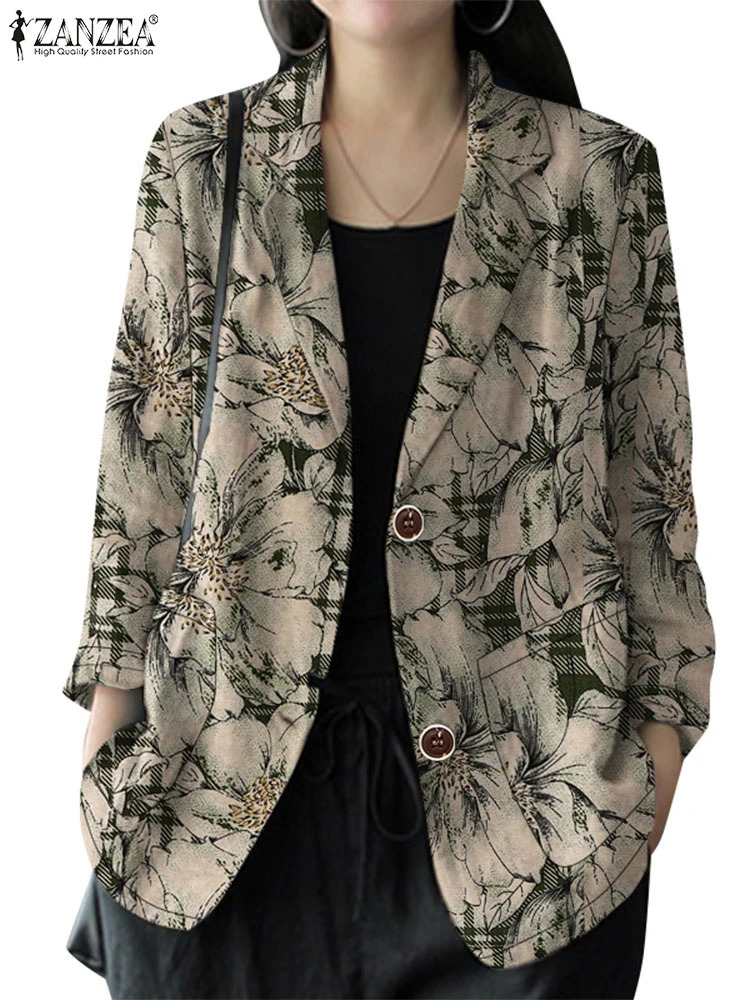 ZANZEA Women Vintage Thin Coats Casual Long Sleeve Lapel Neck Cotton Blazer Autumn Floral Printed Suits Retro Work Jackets 250207
